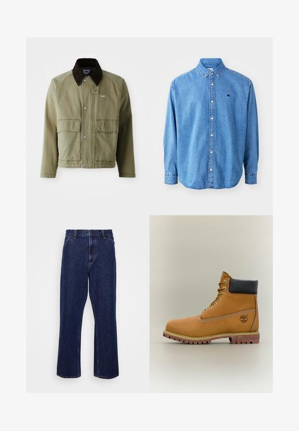 Olijfgroene spijkerjack met een bruine suède kraag, voorzien van drukknoopsluitingen, twee voorkruimelpockets en een klein logo op de linkerborst.; Denim button-up shirt, lichtblauw van kleur, met een puntkraag, lange mouwen en een klein logo op de borst. Voorzien van witte knopen en gestikte naden.; Donkerblauwe denim jeans met een recht-uitlopende pasvorm, voorzien van een knoopsluiting, vijf zakken en subtiele stikseldetails.; Bruine leren enkellaars met zwarte kraag, gele veters en een zandkleurige zool. Voorzien van een logo en witte stikseldetails. Robuuste loopzool met grip.