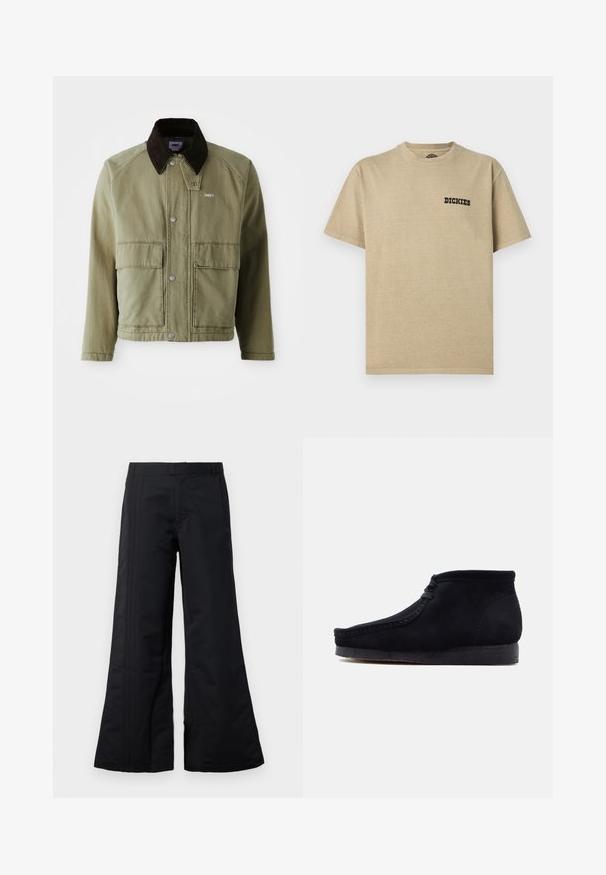 Olivenfarvet denimjakke med en brun ruskindsfarvet krave, med trykknapper, to forlommer og et lille logo på venstre bryst.; Beige bomulds t-shirt med rund halsudskæring og korte ærmer. Har en sort "DICKIES" logo på venstre bryst. Glat tekstur.; Sorte bredbenede bukser lavet af glat stof, med frontfolder og en talje. Rent design uden synlige mønstre eller dekorationer.; Sort ruskind støvle til anklen med anvendt sål og mokkasinsyning, set fra siden på en ensartet lys baggrund.