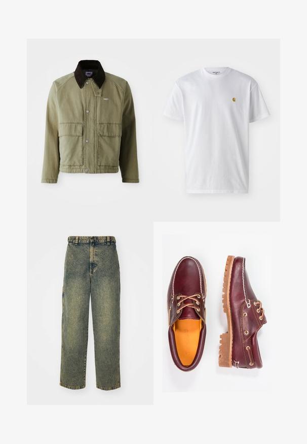 Olivenfarvet denimjakke med en brun ruskindsfarvet krave, med trykknapper, to forlommer og et lille logo på venstre bryst.; Hvid bomulds t-shirt med korte ærmer, rund hals og et lille guld logo på venstre brystområde. Blød tekstur og almindelig pasform.; Slidse denim jeans i en falmet blå og grøn vask. Har en knaplukning, bælteløkker og sidelommer. Flad front og lige ben-design.; Bordeaux lædersko med brune gummisåler, rund tå, hvid syning og gyldne snøringer. Indersiden har et gult for.