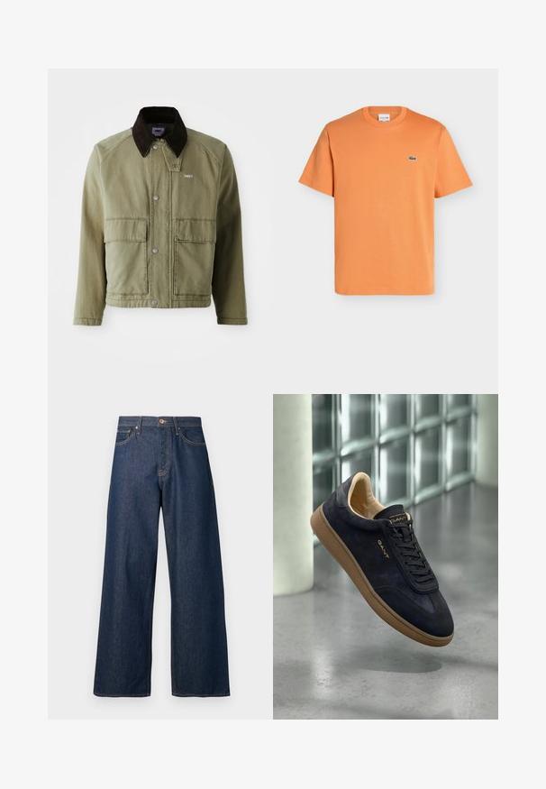 Olivenfarvet denimjakke med en brun ruskindsfarvet krave, med trykknapper, to forlommer og et lille logo på venstre bryst.; Orange T-shirt med korte ærmer og rund hals med lille grønt Lacoste krokodillelogo på venstre bryst mod ensfarvet baggrund.; Vidbenede jeans lavet af mørkt denim med orange syninger, som har fem lommer, en knaplukning foran og en lige silhuet.; Marineblå ruskindsneaker med tanfarvet gummisål, med rund tå, flade snørebånd og præget logo på tungen. Minimalistisk design.
