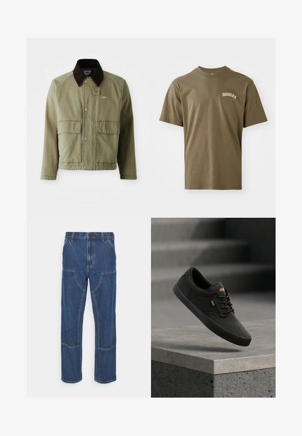 Oliivroheline denim jakk pruunist sametist kraega, millel on nööbiliistu, kaks esikot ja väike logo vasakul rinnal.; Olive rohelise puuvillase lühikeste varrukatega t-särk ümmarguse kaelusega ja vasakul rinnal väike valge "Dickies" logo. Sile tekstuur.; Sinine denimist rõivaste paari sirge säärega teksad, millel on ees plaastritaskud ja kontrastsed õmblused. Kangas omab klassikalist tekstuuri ja viimistlust.; Mustad musta värvi kangast spordijalatsid, tekstuurse pinnaga, musta kummist tallaga, pruuni paela ja väikese oranži logoga külgedel.
