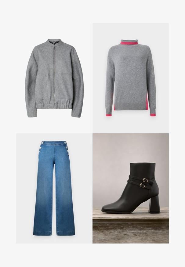 Blouson aviateur gris en tissu texturé, doté d'une fermeture éclair frontale, de deux poches latérales et d'un ourlet froncé. Design simple, sans ornement.; Pull en tricot gris avec des bordures roses sur le col montant, les poignets et les panneaux latéraux fendus, manches longues et ourlet côtelé.; Pantalons en denim bleu à jambes larges, avec une taille haute, des accents à boutons sur les côtés, et un ourlet net. Le tissu a une texture lisse avec un léger délavage.; Bottine noire en cuir lisse, dotée de deux sangles à boucle et d'un talon carré avec un léger accent translucide.