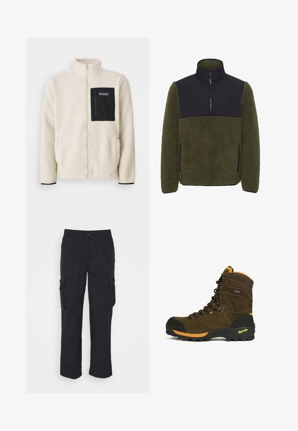 Fleecejack in off-white met een zwart ritszak op de borst en zwarte details. Heeft een hoge kraag en ronde voorzakken.; Fleece pullover in olijfgroen met een zwart nylon borstpaneel. Kenmerken zijn een hoge kraag, een halve rits en zijzakken.; Zwarte cargobroek van geweven stof. Voorzien van een verstelbare tailleband, zijzakken en twee utilityzakken met ritsen.; Bruine hoge wandelschoen met zwarte neuskap, oranje accenten, robuuste Vibram-zool en zwart-oranje veters.