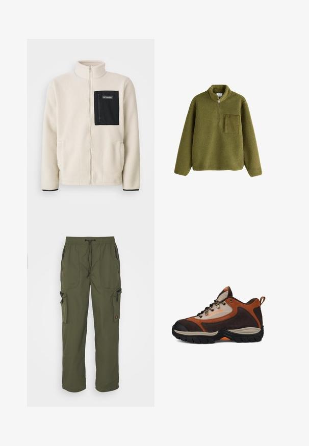 Fleecejack in off-white met een zwart ritszak op de borst en zwarte details. Heeft een hoge kraag en ronde voorzakken.; Olijfgroene fleecetrui met lange mouwen, halve rits aan de voorkant, opstaande kraag en een gestructureerde vierkante borstzak aan de linkerzijde.; Olijfgroene cargobroek van lichtgewicht stof, met een elastische tailleband, striksluiting en meerdere met rits gesloten zakken.; Bruin en beige wandelschoen met zwarte zool, metalen oogjes, een trekband bij de hak en "DC SHOE CO USA"-branding op de zijkant.