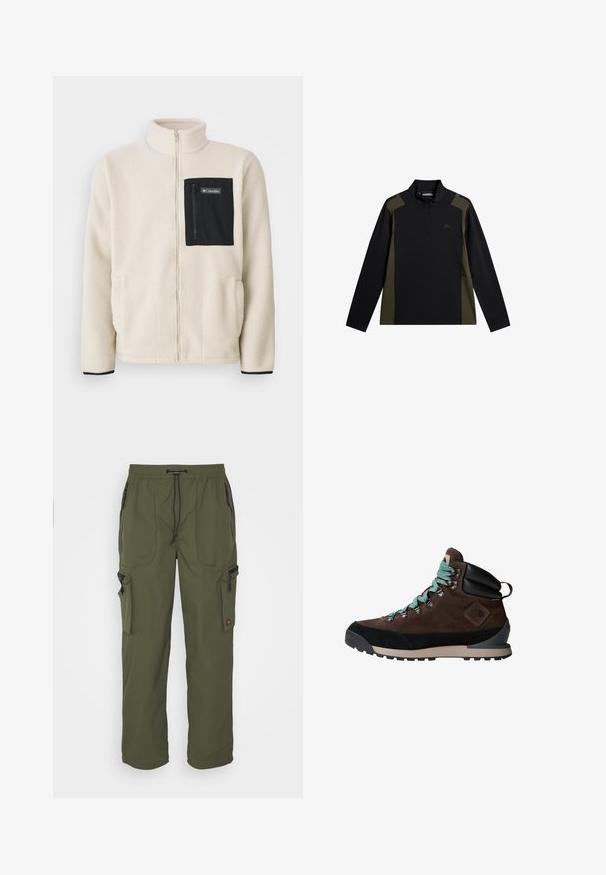 Veste en polaire blanc cassé avec une poche poitrine zippée noire et un garniture noire. Présente un col haut et des poches avant arrondies.; Pull noir et olive à manches longues avec une courte fermeture éclair à l'avant et un petit logo sur la poitrine.; Pantalons cargo vert olive en tissu léger, avec une taille élastique, un système de fermeture à cordon, et plusieurs poches zippées.; Botte de randonnée brune avec une tige en daim, accents noirs et lacets turquoise. Dotée d'une semelle robuste et d'un soutien de cheville renforcé.