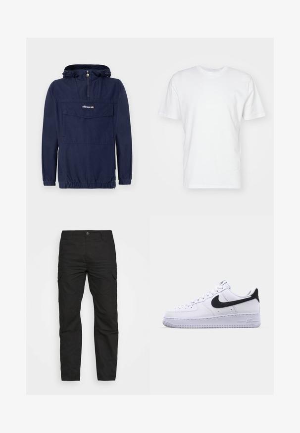Chaqueta de pullover azul marino hecha de tela ligera, con media cremallera, capucha ajustable y un bolsillo frontal con solapa.; Camiseta de algodón blanca con manga corta, escote redondo y una textura suave. Diseño simple sin patrones ni gráficos.; Pantalones cargo negros con un diseño de pierna recta, múltiples bolsillos y cierre de botón, fabricados en una duradera tela de algodón.; Zapatilla blanca de cuero con un Swoosh negro texturizado, cordones planos y una suela de goma con un patrón estriado. "AIR" está grabado en el talón.