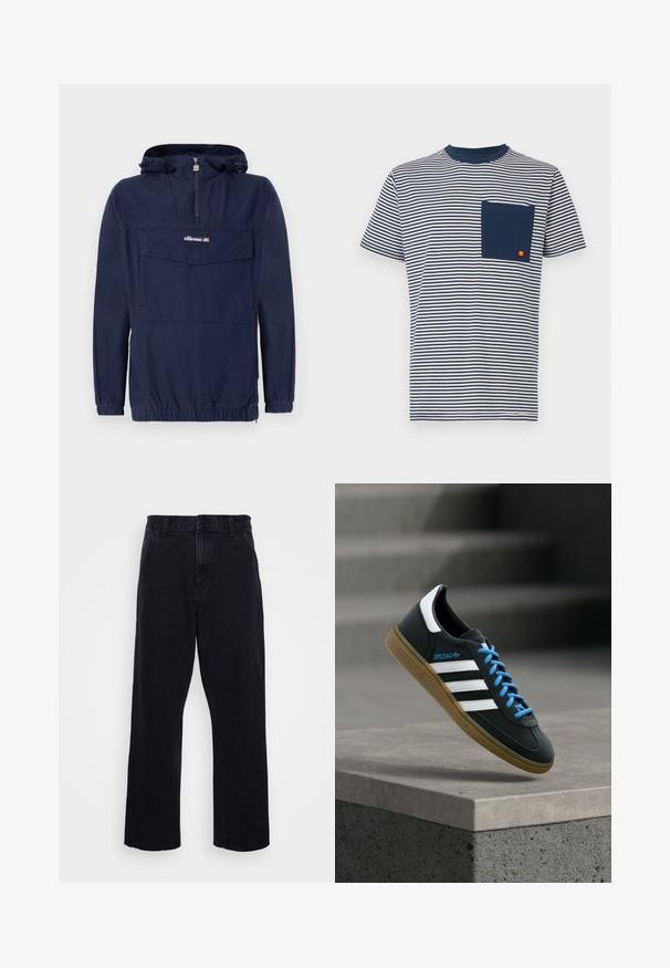 Veste à col roulé bleu marine en tissu léger, dotée d'une fermeture éclair quart, d'une capuche ajustable et d'une poche frontale avec rabat.; Ellesse HIRST TEE - T-shirt imprimé - navy; Pantalons en denim noir avec une coupe droite, dotés d'une fermeture à bouton et à zip, de passants de ceinture et de coutures minimales.; Baskets Adidas noires avec des rayures blanches, des lacets bleus et une semelle en gomme flottant au-dessus d'une marche en béton grise sous une lumière douce.