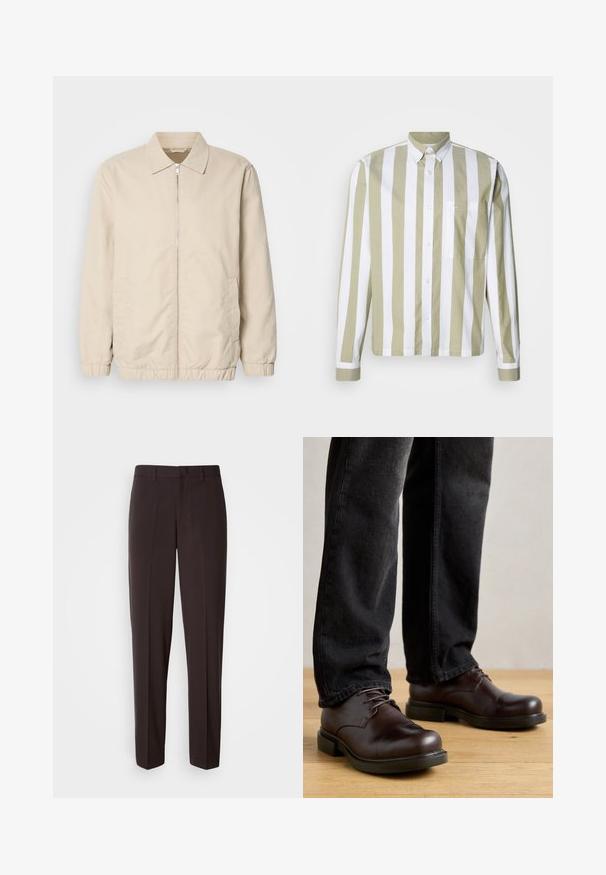 Beige letvægtsjakke med lynlås foran, krave, elastiske manchetter og sidelommer. Glat tekstur, lige snit og minimalistisk design.; Langærmet skjorte med lyse olivengrønne og hvide striber, lukning med knapper, spids krave og en enkelt brystlomme. Produceret i bomuldsstof.; Sorte skræddersyede bukser med lige ben, der har en glat tekstur og en linning med en enkelt knaplukning.; Brune lædersko med rund tå, snørelukning og kraftig sort gummisål, parret med mørke denim bukser.