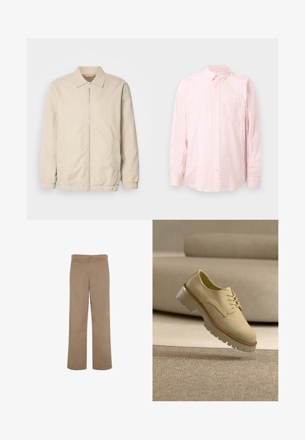 Beige letvægtsjakke med lynlås foran, krave, elastiske manchetter og sidelommer. Glat tekstur, lige snit og minimalistisk design.; Lyserød og hvid ternet langærmet skjorte med knapper, krave og brystlomme, vist på en ensfarvet baggrund.; Beige bomuldssbukser med et lige ben-design, udstyret med en standardtalje, en foran lynlås og en enkelt baglomme.; Beige ruskinds snøresko med kraftig sål svæver over et tekstureret tæppe, neutralfarvet sofa i baggrunden. Ingen mennesker til stede.