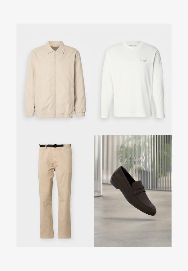 Chaqueta ligera beige con cierre frontal, cuello, puños elásticos y bolsillos laterales. Textura suave, corte recto y diseño minimalista.; Camisa blanca de algodón de manga larga con escote redondo, que presenta un pequeño logo azul marino en el pecho. Textura suave y ajuste regular.; Pantalones beige de pierna recta con cinturón negro ajustable, pretina elástica en un lado y detalle de costura frontal.; Mocasines de ante marrón con un diseño elegante, que presentan una correa en la parte superior, punta redondeada y una suela de goma plana.