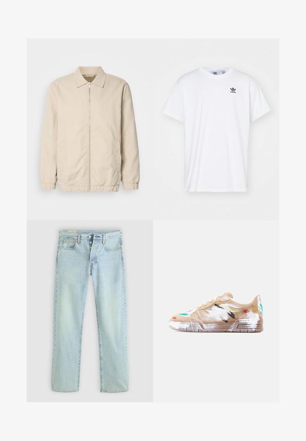 Beige letvægtsjakke med lynlås foran, krave, elastiske manchetter og sidelommer. Glat tekstur, lige snit og minimalistisk design.; Hvid bomulds T-shirt med korte ærmer, rund halsudskæring og et sort Adidas-logo med tre striber på venstre brystområde.; Lyseblå denimjeans med lige pasform, fem lommer, knapgylp og subtil falming. Har syninger og kobbernitter som detaljer.; Lysebrun lavtop sneaker med flerfarvede malingstænk og hvide penselstrøgsmønstre på sålen og overdelen.