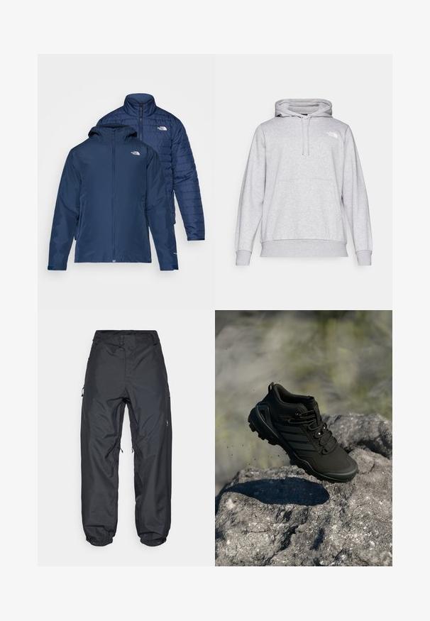 Marineblå vendbar jakke med vandtæt ydre og isoleret puffer indeni. Har lynlåse og dobbelt sidelommer.; Lys grå hoodie lavet af blødt materiale, med en kængurulomme, justerbar snøre i hætten og et lille logo på brystet.; Sorte vandtætte bukser med en afslappet pasform, der har to knapper i taljen, justerbare ankelmanchetter og lynlåslommer på siden.; Sort trail løbesko med robust sål svævende over en klippete overflade, jordpartikler synlige i udendørs omgivelser.
