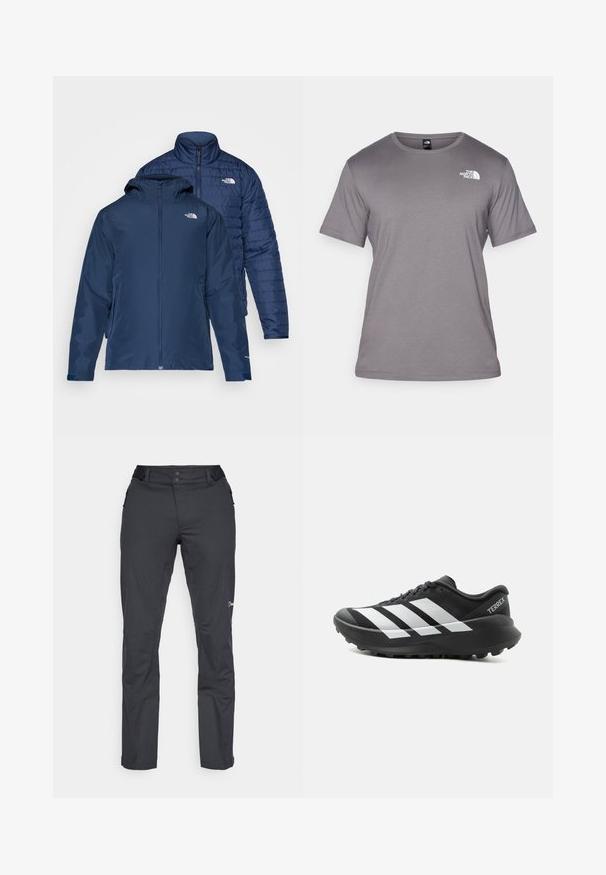 Chaqueta reversible azul marino con un exterior impermeable y un interior acolchado aislante. Cuenta con cremalleras y bolsillos laterales dobles.; Camiseta gris de manga corta hecha de una tela suave. Presenta un escote redondo y un pequeño logo blanco en la parte superior izquierda.; Berghaus RIDGE ROAMER - Pantalones montañeros largos - black; Zapatilla de trail running Adidas Terrex en blanco y negro con suela gruesa y suela exterior con tacos, vista lateral sobre fondo liso y claro.