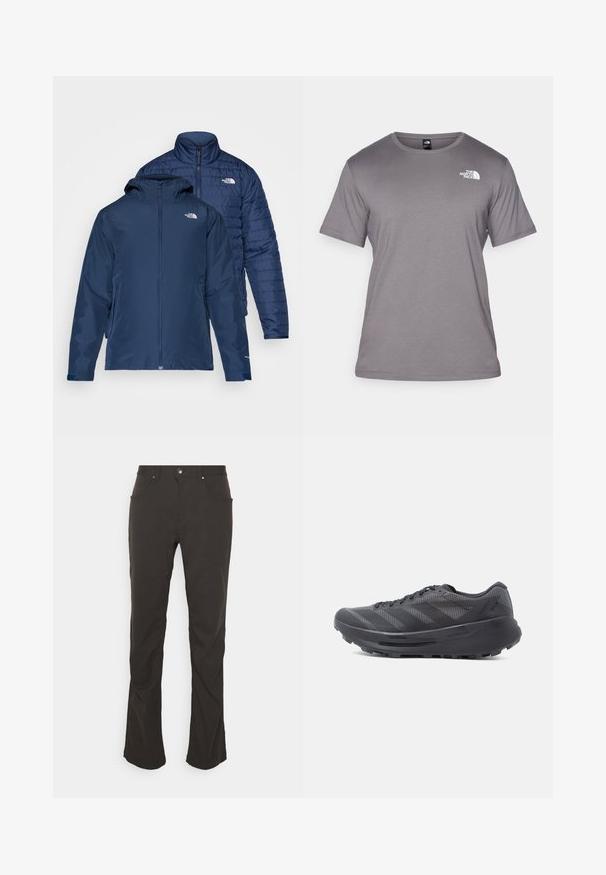 Chaqueta reversible azul marino con un exterior impermeable y un interior acolchado aislante. Cuenta con cremalleras y bolsillos laterales dobles.; Camiseta gris de manga corta hecha de una tela suave. Presenta un escote redondo y un pequeño logo blanco en la parte superior izquierda.; Pantalones negros de pierna recta con una textura de tela suave, bolsillos frontales y cierre de botón plateado. Diseño simple y líneas limpias.; Zapatilla de running negra con parte superior de malla, superposiciones texturizadas y suela gruesa de goma. Cuenta con seis ojales y un diseño con patrón.