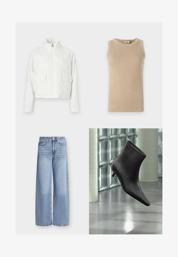 Witte cropped jas met een hoge kraag, gewatteerde voorkant, twee borstzakken en gladde mouwen, met een centrale rits voor sluiting.; Beige mouwloze top van ribbelstof met een ronde hals, voorzien van tonale stiksels en een aansluitend ontwerp.; Lichtblauwe jeans met wijde pijpen, voorzakken, riemlussen, knoopsluiting en vervaagde details op de dijen.; Zwarte leren enkellaars met puntige neus en lage hak, afgebeeld tegen een glazen blokkenmuur en gepolijste vloer op de achtergrond.