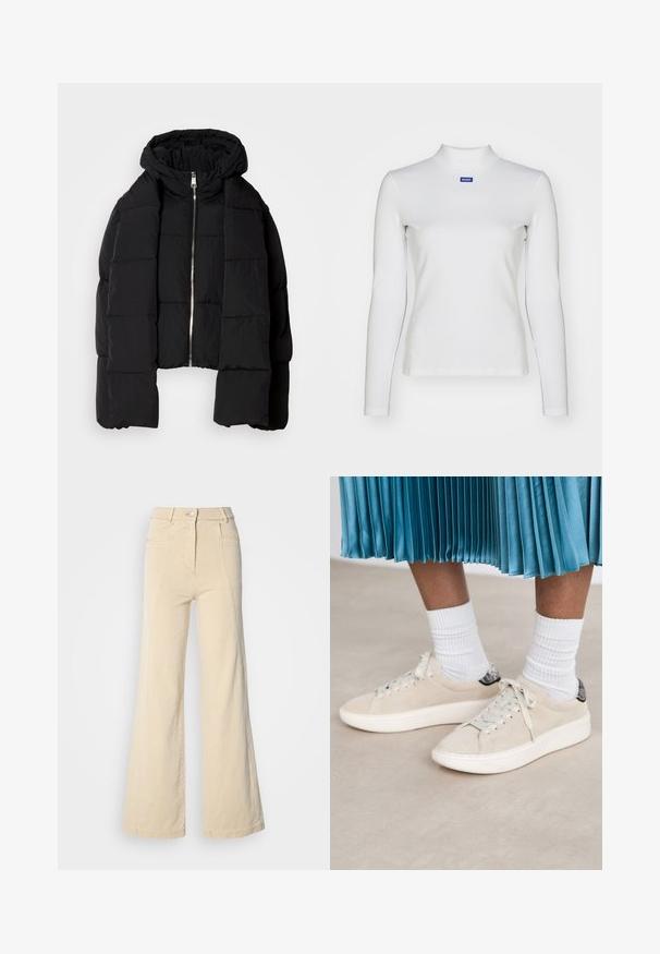 Čierna prešívaná bunda s kapucňou, predným zipsom, veľkými rukávmi, prešívanou textúrou a skráteným strihom.; Biely dlhý rukáv turtleneck top vyrobený z elastického materiálu, s priliehavým strihom a malým modrým logom na hrudi.; Béžové široké džínsy s vysokým pásom, prednými vreckami a kontrastným šitím, so zapínaním na gombík a hladkou bavlnenou textúrou.; Béžové zamatové tenisky s bielou gumovou podrážkou a šnurovaním. Akcentované textúrovaným čiernym jazykom. Nosené s bielymi rebrovanými ponožkami.
