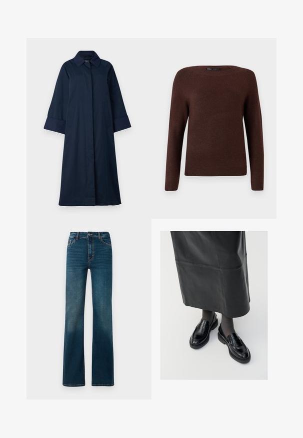 ONLY Tall ONLORCHID - Trenchcoat - night sky; Bruine gebreide trui met een ronde hals, lange mouwen en ribbelstructuur bij de manchetten en zoom. Zachte textuur met minimale versieringen.; Donkerblauwe, high-waisted jeans met een rechte pijp. Gemaakt van denim, met contrasterende stiksels en een klassiek ontwerp met vijf zakken.; Zwarte leren loafers met een gladde afwerking, voorzien van een decoratieve band, ronde neus en gestructureerde zool. Draagt met een lange zwarte leren rok.
