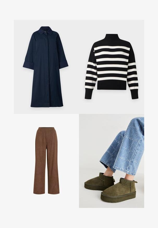 ONLY Tall ONLORCHID - Trentšmantel - night sky; Must-valge horisontaalsete triipudega kootud pullover, millel on kõrge soonikkrae ning soonikkoes mansetid ja serv.; Pruunid laiade pükste ja elastse vöökohaga, valmistatud pehmest seemisnahale sarnanevast kangast, valgel taustal.; Õlivärvi nahast ankle botased paksu, tekstureeritud tallaga ja tõmbeaasaga. Kombineeritud helesiniste, kaunistustega teksapükstega.