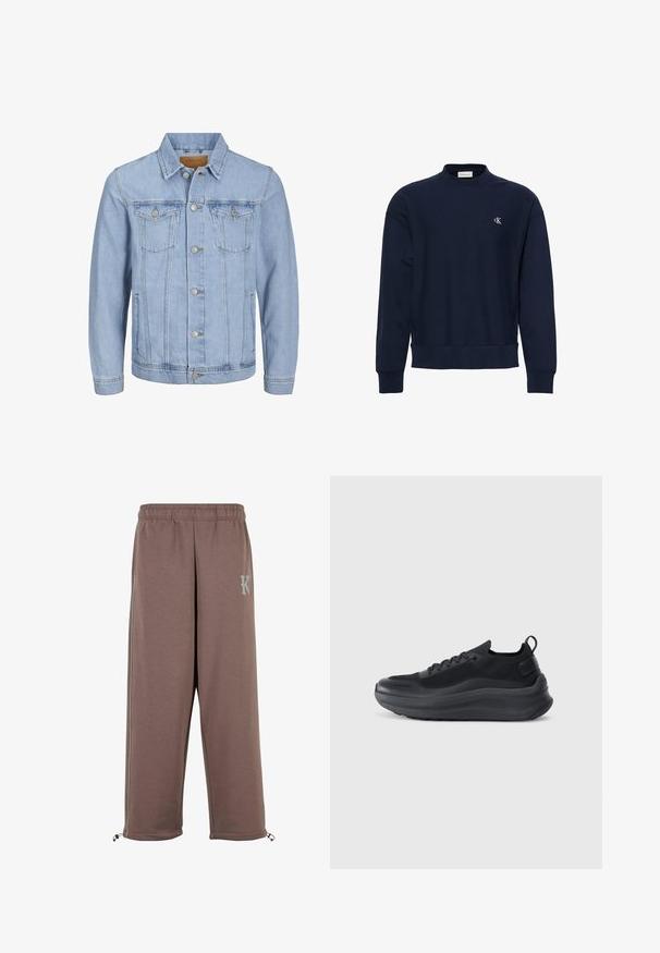Helles blaues Jeansjackett mit Kragen, Knopfverschluss, zwei Brusttaschen, Seitentaschen und gestickten Details entlang der Nähte.; Marineblauer Langarm-Sweatshirt mit Rundhalsausschnitt, gerippten Bündchen und Saum sowie einem kleinen weißen "cK"-Logo auf der linken Brust.; Braune Sweatpants mit einem elastischen Bund, seitlichen Streifen und einem Logo auf dem Oberschenkel. Verfügt über Reißverschlussabschlüsse für eine verstellbare Passform.; Schwarzer Sportschuh mit einem Obermaterial aus Mesh, strukturierten Akzenten und einer dicken Gummisohle. Verfügt über eine Zuglasche an der Ferse und ein Schnürdesign.