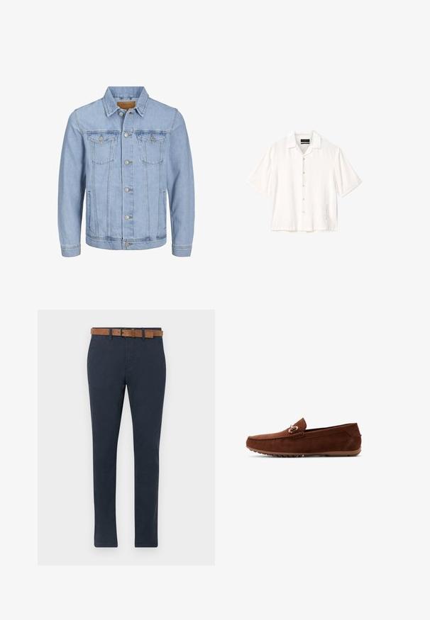 Helles blaues Jeansjackett mit Kragen, Knopfverschluss, zwei Brusttaschen, Seitentaschen und gestickten Details entlang der Nähte.; Weißes kurzärmeliges Hemd mit durchgehender Knopfleiste, Camp-Kragen und kleinem aufgedrucktem Text nahe dem unteren Saum auf der rechten Seite.; Dunkelblaue Chinos aus Baumwolle mit glatter Textur. Verfügt über einen braunen Wildledergürtel mit einer Schnalle und einem geraden Bein Design.; Brauner Wildleder-Herrenschlupfschuh mit Gummisohle und metallischem Stegdetail oben, seitlich auf weißem Hintergrund gezeigt.