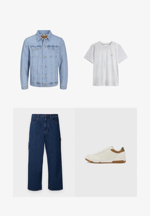 Lichtblauwe denim jas met een kraag, knoopsluiting, twee borstzakken, zijzakken en gestikte details langs de naden.; Wit T-shirt met korte mouwen met dunne zwarte horizontale strepen en een klein rood-wit-blauw logo op de linkerborst.; Donkerblauwe denim cargo broeken met een losse pasvorm, voorzien van zijzakken, rechte pijpen en zichtbare stiksels langs de naden.; Tommy Hilfiger BASKET CORE - Sneakers laag - ecru/army green