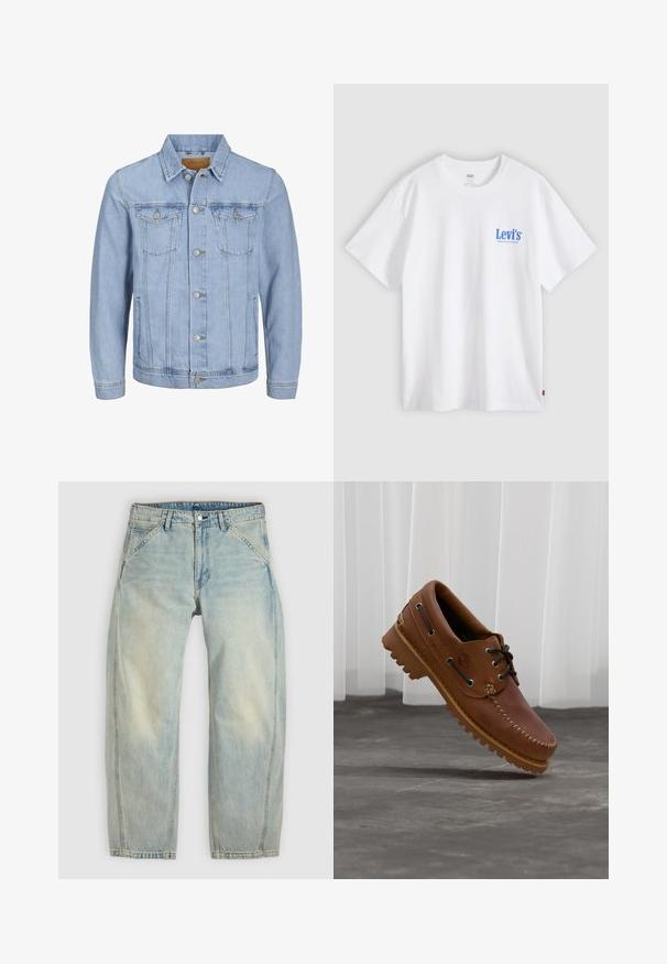 Helles blaues Jeansjackett mit Kragen, Knopfverschluss, zwei Brusttaschen, Seitentaschen und gestickten Details entlang der Nähte.; Weißes Levi's T-Shirt mit kurzen Ärmeln, blauem Logo-Text auf der linken Brust und kleinem rotem Etikett an der Seitennaht vor hellgrauem Hintergrund.; Hellblaue Jeans mit weitem Bein aus Denim. Sie verfügen über fünf Taschen, einen Knopfverschluss und ausgewaschene Bereiche für einen getragenen Look.; Brauner Leder-Bootsschuh mit schwarzen Schnürsenkeln, beigen Nähten und einer robusten Sohle, schwebt über einem grauen Betonboden.