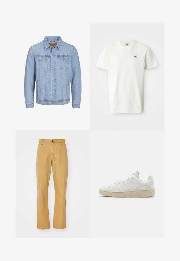Lichtblauwe denim jas met een kraag, knoopsluiting, twee borstzakken, zijzakken en gestikte details langs de naden.; Witte katoenen T-shirt met een ronde hals en korte mouwen. Toont een klein rechthoekig paars en blauw Lee-logo op de linkerborst.; Beige katoenen chinos met een rechte snit, voorzien van een knoopsluiting, riemlussen en gestikte details aan de zoom.; Witte leren sneakers met een gestructureerde afwerking en een gevoerde kraag. Voorzien van een beige rubberen zool en subtiele branding op de hiel en zijkant.