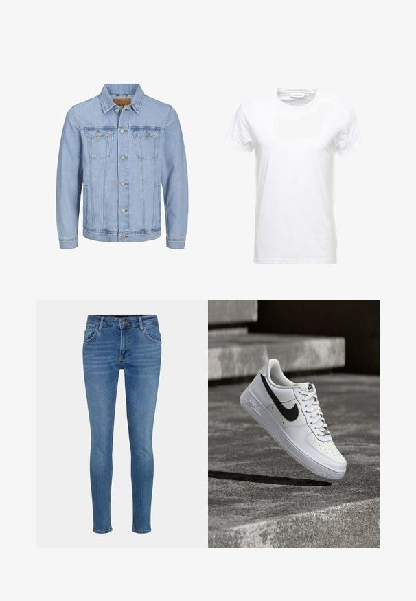 Helles blaues Jeansjackett mit Kragen, Knopfverschluss, zwei Brusttaschen, Seitentaschen und gestickten Details entlang der Nähte.; Weißes Baumwoll-T-Shirt mit kurzen Ärmeln, Rundhalsausschnitt und glatter Textur. Etikett am Ausschnitt sichtbar. Einfacher und klassischer Stil.; Schlanke Jeans aus blauen Denim, mit einem klassischen Fünf-Taschen-Design, subtilen Verwaschungen und einem Reißverschluss mit Knopfverschluss an der Taille.; Weißer Nike Air Force 1 Sneaker mit schwarzem Swoosh, geschnürten Schnürsenkeln, schwebend in der Luft über einer strukturierten Betonoberfläche im Freien.