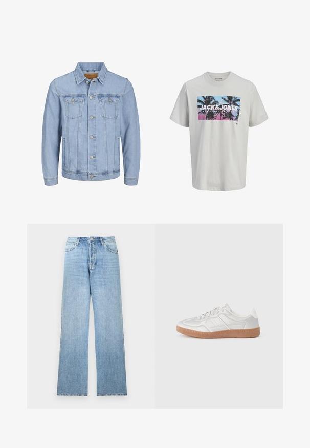 Helles blaues Jeansjackett mit Kragen, Knopfverschluss, zwei Brusttaschen, Seitentaschen und gestickten Details entlang der Nähte.; Weißes Kurzarm-T-Shirt mit Frontaufdruck von Palmen in blauen und pinkfarbenen Sonnenuntergangstönen, großer JACK & JONES Schriftzug über der Brust.; Hellblaue Jeans aus Denim mit geradem Bein, Verschluss mit oberem Knopf, fünf Taschen und ausgefransten Säumen.; Silberne Sneakers mit glatter Textur, Schnürdesign, durchbrochenen Akzenten und einer strukturierten braunen Gummisohle.