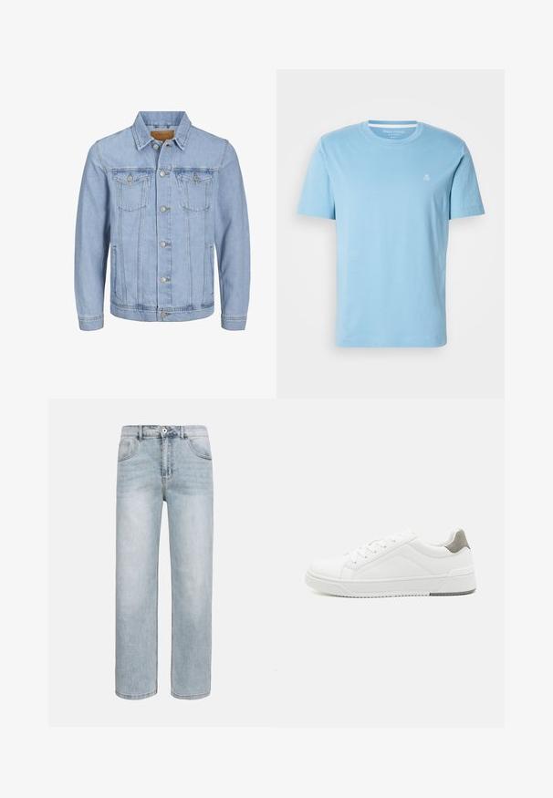 Lichtblauwe denim jas met een kraag, knoopsluiting, twee borstzakken, zijzakken en gestikte details langs de naden.; Lichtblauw katoenen T-shirt met een ronde hals, korte mouwen en een klein wit logo op de linkerborst. Glad van textuur, casual ontwerp.; Lichtblauwe rechte jeans met voorzakken, een knoopsluiting en subtiele vervaging op de dijen en knieën.; Witte sneaker van glad leer met een ronde neus, minimalistisch ontwerp, grijze hielaccent en een geplaatste rubberen zool.