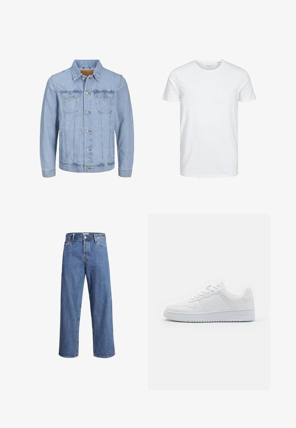 Helles blaues Jeansjackett mit Kragen, Knopfverschluss, zwei Brusttaschen, Seitentaschen und gestickten Details entlang der Nähte.; Rundhals-T-Shirt mit kurzen Ärmeln in reinem Weiß, aus weicher Baumwolle, mit einem schlichten Design ohne sichtbare Muster oder Akzente.; Hellblaue Denim-Jeans mit geradem Bein, hohem Bund und minimalen Nähdetails. Der Stoff hat eine weiche, leicht ausgewaschene Textur.; Weiße Sneaker aus glattem Synthetikmaterial, ausgestattet mit flachen Schnürsenkeln, perforierter Zehenpartie und einer gummierten Sohle mit einem strukturierten Grip-Muster.