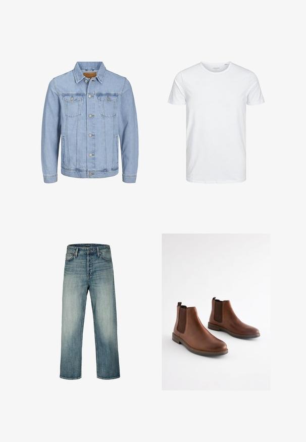 Lichtblauwe denim jas met een kraag, knoopsluiting, twee borstzakken, zijzakken en gestikte details langs de naden.; Ronde hals kortemouwen t-shirt in effen wit, gemaakt van zachte katoen, heeft een eenvoudig ontwerp zonder zichtbare patronen of accenten.; Blauwe jeans met rechte pijpen, uitgebleekte wassing, knoop- en ritssluiting aan de voorkant, riemlussen en styling met vijf zakken.; Bruine leren enkellaarsjes met elastische zijpanelen, een afgeronde neus en een gestapelde hak. Gladde textuur met contrasterende bruine accenten.