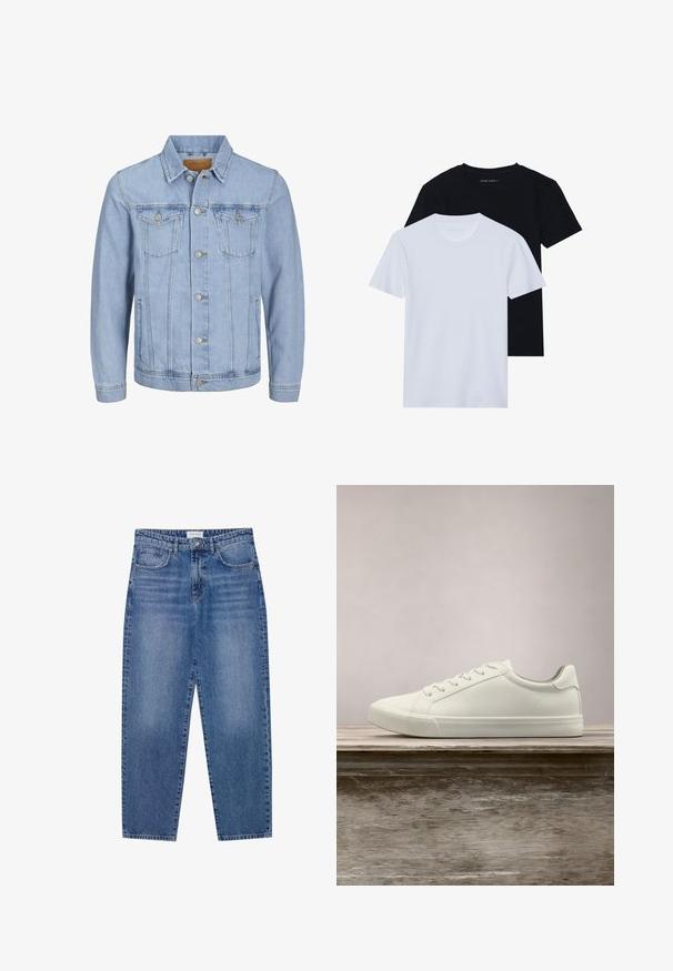 Lichtblauwe denim jas met een kraag, knoopsluiting, twee borstzakken, zijzakken en gestikte details langs de naden.; Twee korte mouwen crew neck t-shirts, één zwart en één wit, gemaakt van zacht katoen met een ribbelstructuur. Klassieke pasvorm.; Blauwe denim jeans met een hoge taille, rechte pijpen en een vervaagde afwerking. Beschikt over vijf zakken en een knoopsluiting.; Witte vetersneaker die boven een houten bank zweeft met groene bladeren op de achtergrond, waarbij het ontwerp en de textuur van de schoen worden getoond.