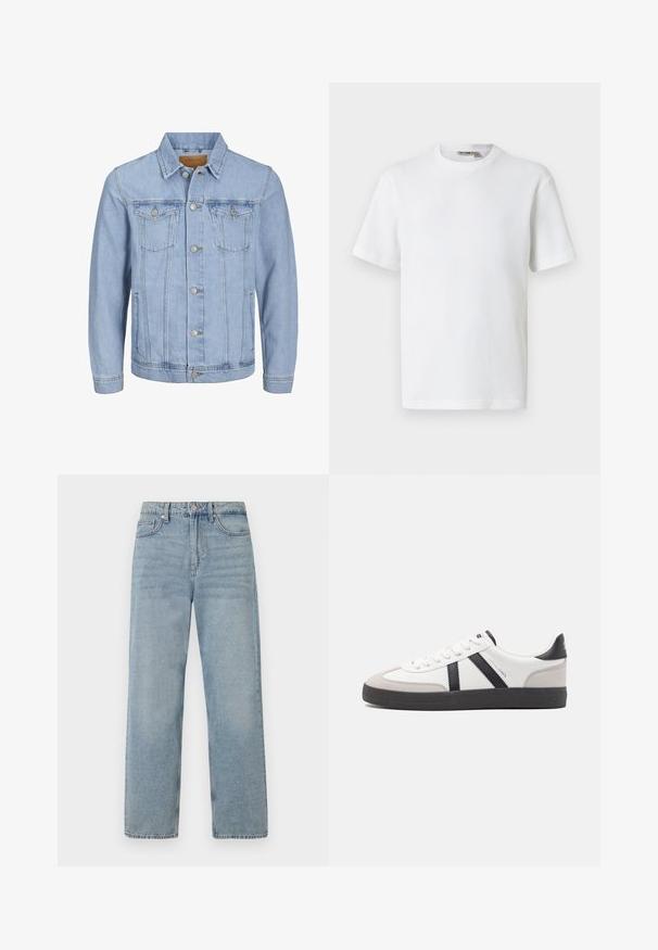 Lichtblauwe denim jas met een kraag, knoopsluiting, twee borstzakken, zijzakken en gestikte details langs de naden.; Wit T-shirt met korte mouwen, wafelstructuur en ronde hals, met een klein merkembleem aan de binnenkant van de kraag, afgebeeld op een effen achtergrond.; Lichtblauwe denim jeans met een hoge taille, rechte pijpen, vijf-pocket stijl en subtiele vervaging voor een versleten effect.; Witte sneaker met zwarte en grijze accenten, voorzien van een grijze neus met textuur, zwarte rubberen zool en platte witte veters. Schoon ontwerp, minimalistische stijl.