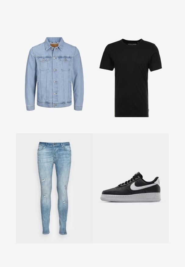 Lichtblauwe denim jas met een kraag, knoopsluiting, twee borstzakken, zijzakken en gestikte details langs de naden.; Zwarte T-shirt met korte mouwen, gemaakt van katoen, met een ronde hals en een subtiele logotag aan de zijkant. Eenvoudig en veelzijdig ontwerp.; Lichtblauwe denim jeans met een slim fit, met een verouderd ontwerp, lichte scheuren en een klassiek vijf-pocket ontwerp.; Zwarte lederen sneaker met een textuur oppervlak, witte Nike swoosh, grijze zool, ronde neus en vetersluiting. Bevat perforaties op de neus.