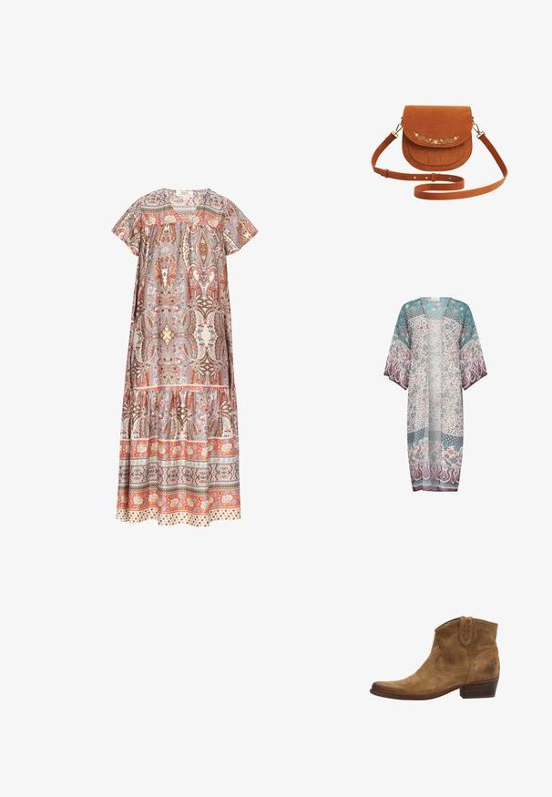 Kimono transparente en verde azulado, crema y malva con patrones florales y de paisley, con un frente abierto y mangas anchas. Tela ligera con un diseño fluido.; Vestido largo de tejido ligero con un estampado de cachemira en tonos de naranja, beige y marrón, con un diseño de volantes y mangas cortas.; Botas de tobillo de ante marrón con punta afilada, detalles de costura y un tacón apilado corto. Con elastano en los laterales para facilitar el uso.; Bolso bandolera de ante marrón con correa ajustable y pequeño bordado floral blanco en la solapa frontal.