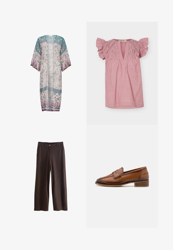 Doorzichtig kimono in teal, crème en mauve met bloemen- en paisleypatronen, open voorkant en wijde mouwen. Lichte stof met een vloeiende uitstraling.; Roze blouse met korte mouwen, diepe V-hals, gerimpelde mouwen en geplooide details langs schouders en borst.; Bruine broek met wijde pijpen, een platte voorkant, knoopsluiting en twee zijzakken. Gemaakt van een gladde, lichtgewicht stof.; Bruine leren loafers met een gewoven voorpaneel, ronde neus en lage, gestapelde hak. Glad oppervlak met subtiele stiksels.