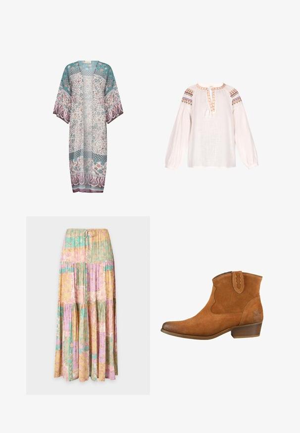 Kimono transparente en verde azulado, crema y malva con patrones florales y de paisley, con un frente abierto y mangas anchas. Tela ligera con un diseño fluido.; Blusa blanca con una tela ligera y texturada. Presenta un escote redondeado, mangas largas con elastano y coloridos acentos bordados en los hombros.; Falda larga con volantes y cintura con cordón, con bloques en tonos pastel de amarillo, rosa, morado y verde con un estampado floral.; Botas de tobillo de ante en color beige con punta afilada, costuras decorativas y un tacón bajo apilado. Cuenta con una asa de tirón con borde en zigzag.