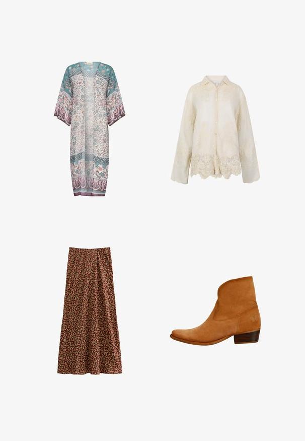 Kimono transparente en verde azulado, crema y malva con patrones florales y de paisley, con un frente abierto y mangas anchas. Tela ligera con un diseño fluido.; Blusa cremosa de manga larga con botones, bordada con encaje floral y dobladillo festoneado.; Falda maxi en burdeos oscuro con un estampado floral. Confeccionada en tejido suave, cuenta con una cinturilla elástica y una silueta fluida.; Botín de ante marrón con parte superior curvada, puntera afilada y tacón bajo de madera; presenta un suave detalle en relieve en el costado.
