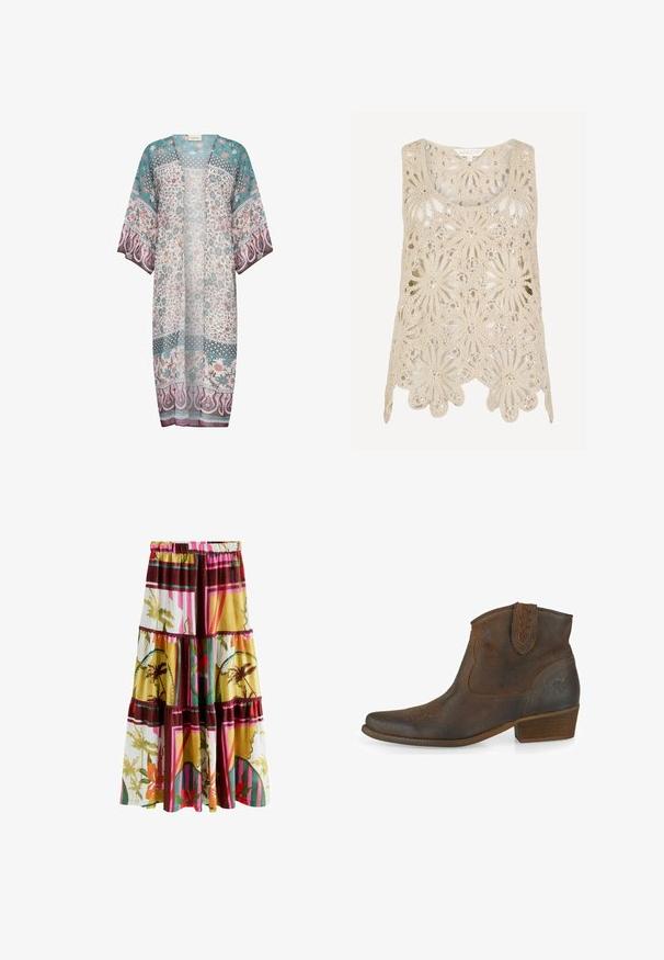 Kimono transparente en verde azulado, crema y malva con patrones florales y de paisley, con un frente abierto y mangas anchas. Tela ligera con un diseño fluido.; Top beige sin mangas de crochet con patrones florales y pequeñas lentejuelas plateadas, con escote redondeado y dobladillo con ondas.; Falda larga de capas con cintura elástica, con patrones geométricos y florales multicolores en tonos amarillos, verdes, rosas, rojos y marrones.; Botín de cuero marrón hasta el tobillo con punta afilada, costuras decorativas en la parte frontal y un tacón bajo en bloque. Presenta una parte superior curvada y un detalle de logo en relieve.