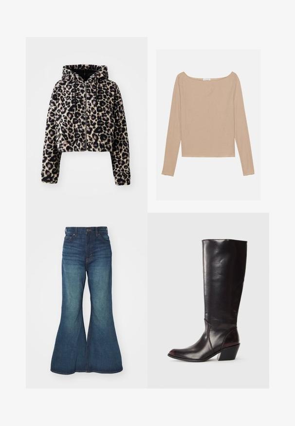 Chaqueta corta con capucha de suave piel sintética en color base marrón claro con manchas de leopardo negro. Presenta un cierre de cremallera en la parte delantera y cordones en la capucha.; Top de manga larga de canalé en beige claro, con un escote amplio y forma ajustada. Textura suave con un ligero estiramiento.; Vaqueros de mezclilla acampanados en azul medio, con una cintura alta, diseño de cinco bolsillos y costuras en contraste. Textura suave con un ligero desgastado.; Bota de cuero marrón oscuro hasta la rodilla con punta afilada, tacón angular y textura suave y brillante. Presenta un diseño limpio y detalles de costura.