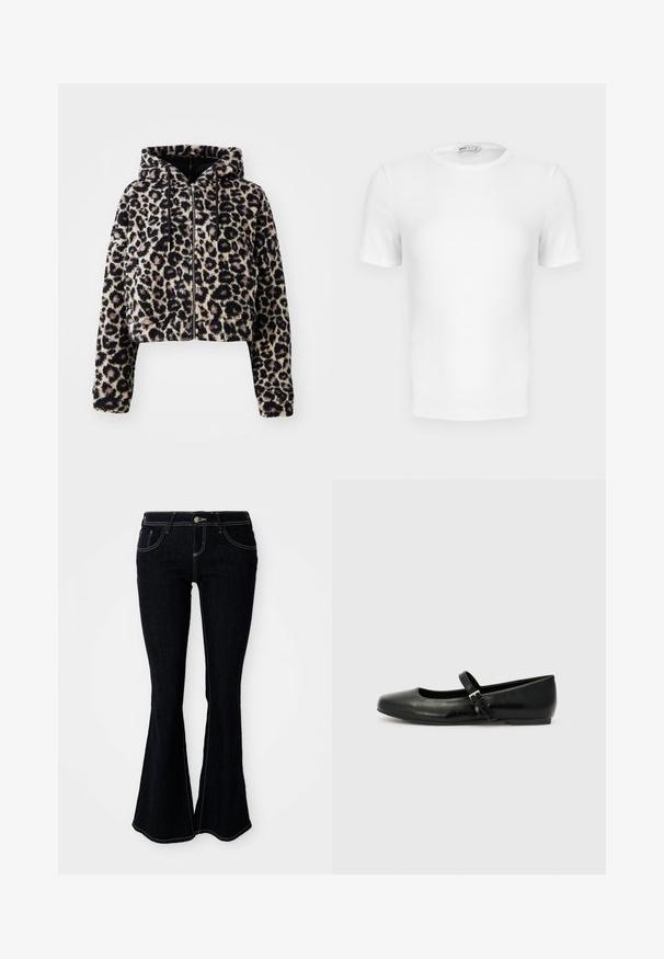 Chaqueta corta con capucha de suave piel sintética en color base marrón claro con manchas de leopardo negro. Presenta un cierre de cremallera en la parte delantera y cordones en la capucha.; Camiseta blanca de manga corta con cuello redondo acanalado, corte ajustado y una pequeña etiqueta de la marca en el interior del cuello.; Jeans acampanados de lavado oscuro con una cintura alta, bolsillos delanteros y traseros, y costuras en amarillo contrastante.; Bailarinas de cuero negro con punta redondeada, suela plana y una delgada correa ajustable en el empeine que cuenta con una hebilla de metal.