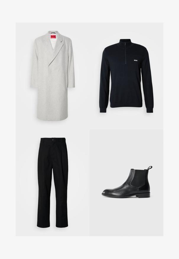Manteau en mélange de laine gris avec un col cranté, des manches longues et une fermeture à un bouton. Il est doté d'une poche plaquée et d'une étiquette rouge vif à l'intérieur.; Pull-over bleu marine avec un col haut et une fermeture éclair sur la moitié. Le matériau est doux avec une finition texturée. Il présente un petit logo blanc "BOSS" sur la poitrine.; Pantalons noirs à jambes droites avec une taille à bouton, passants de ceinture et pli avant, présentés sur un fond blanc uni.; Bottine en cuir noir avec des panneaux latéraux élastiques, bout rond et tirette. Texture lisse, semelle plate, design minimaliste.