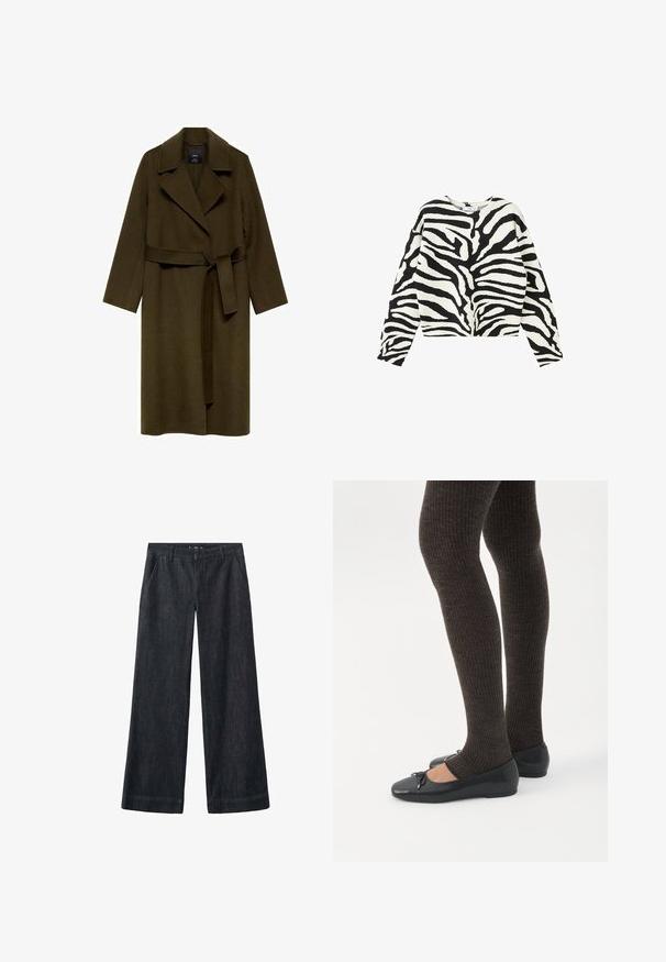 Olijfgroen wollen jas met een sjalenkraag, lange mouwen en een ceintuur. Kenmerkt zich door een rechte snit zonder zichtbare sluitingen of patronen.; Trui met lange mouwen met zwart-wit zebraprint, ronde hals en een ontspannen pasvorm.; Wijd uitgesneden, donker denimbroek met een gladde textuur, voorzakken, broeklussen en een rechte snit die doorloopt tot aan de enkel.; Benen met donkere geribbelde leggings gecombineerd met zwarte ballerina's met kleine strikdetails op een witte achtergrond.