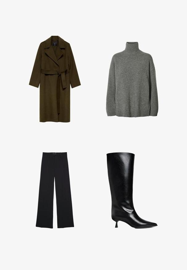 Oliven grøn uldfrakke med sjalkrave, lange ærmer og bælte i taljen. Har en lige pasform uden synlige lukninger eller mønstre.; Grå strikket turtleneck sweater med en afslappet pasform, ribbrede manchetter og kant, der har en glat overflade og minimalistisk design.; Sorte bukser med vide ben, bæltestropper, knaplukning foran og lynlås, lagt fladt på en hvid baggrund.; Sort læderknæhøje støvler med spidse tæer, slank silhuet og en lav blokhæl med en blank finish.