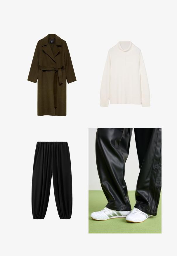 Oliven grøn uldfrakke med sjalkrave, lange ærmer og bælte i taljen. Har en lige pasform uden synlige lukninger eller mønstre.; Hvid, løs talje turtleneck sweater med ribbet krave og manchetter, der har en glat, blød tekstur og rene linjer i et enkelt design.; Løse sorte bukser med elastisk taljebånd og elastiske manchetter, lavet af letvægtsstof.; Sorte faux leather bukser med en løs pasform, der har en glat overflade og sidelister. Sammen med hvide sneakers med sølvdetaljer.