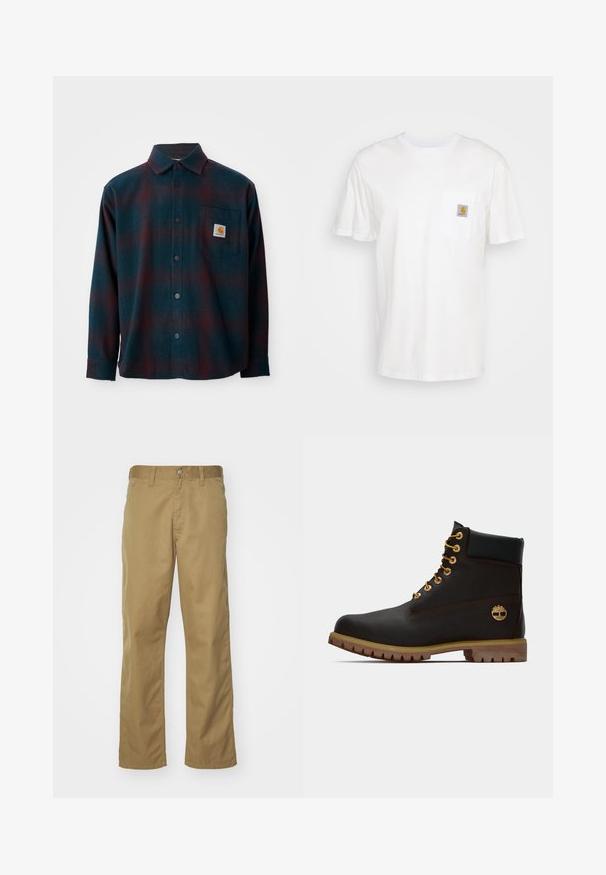 Chemise en flanelle de couleur bleu canard foncé avec un motif à carreaux rouges. Elle possède une fermeture à boutons sur le devant, un col pointu et une poche poitrine avec un patch logo.; T-shirt en coton blanc à manches courtes, avec une poche poitrine et un petit patch logo carré en orange et blanc sur la poche.; Chino kaki avec une coupe droite, fabriqué en tissu de coton lisse. Dispose d'une fermeture à bouton à l'avant et de poches latérales.; Bottine noire en cuir avec œillets dorés, accents marron et semelle en caoutchouc. Comprend un col rembourré et un logo estampé sur le côté.