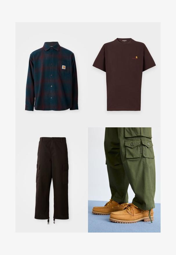 Chemise en flanelle de couleur bleu canard foncé avec un motif à carreaux rouges. Elle possède une fermeture à boutons sur le devant, un col pointu et une poche poitrine avec un patch logo.; T-shirt en coton marron à manches courtes, col rond, logo sur la poitrine gauche en orange et rouge, ourlet droit et coupe décontractée.; Pantalons cargo noirs avec une coupe relaxée, dotés de deux poches latérales, d'une fermeture à bouton et de cordons de serrage réglables à l'ourlet.; Timberland AUTHENTIC 3 EYE - Chaussures bateau - wheat