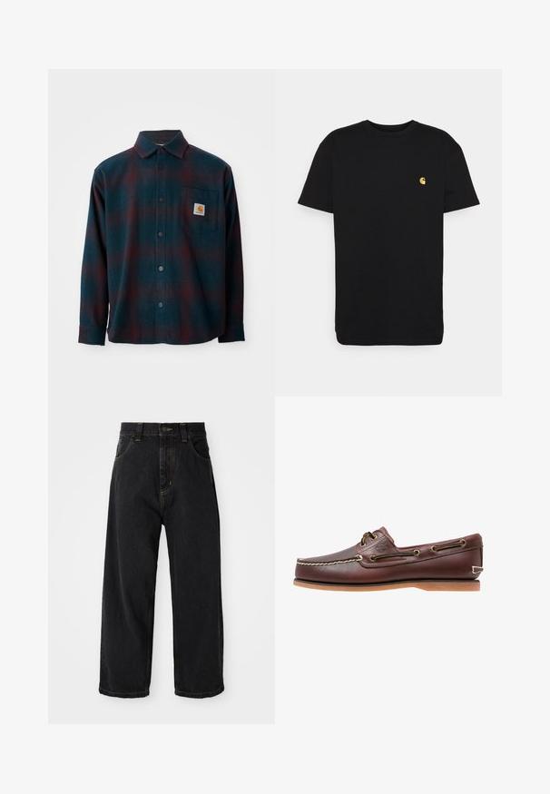 Chemise en flanelle de couleur bleu canard foncé avec un motif à carreaux rouges. Elle possède une fermeture à boutons sur le devant, un col pointu et une poche poitrine avec un patch logo.; T-shirt en coton noir à manches courtes, col rond, avec un petit logo jaune sur la partie gauche de la poitrine. Design simple et coupe régulière.; Jeans en denim noirs à coupe large avec taille haute, bouton avant, fermeture éclair et surpiqûres jaunes sur les poches et les coutures.; Chaussure bateau en cuir marron avec coutures blanches, détails de lacets et semelle en caoutchouc beige, vue de côté sur fond blanc.