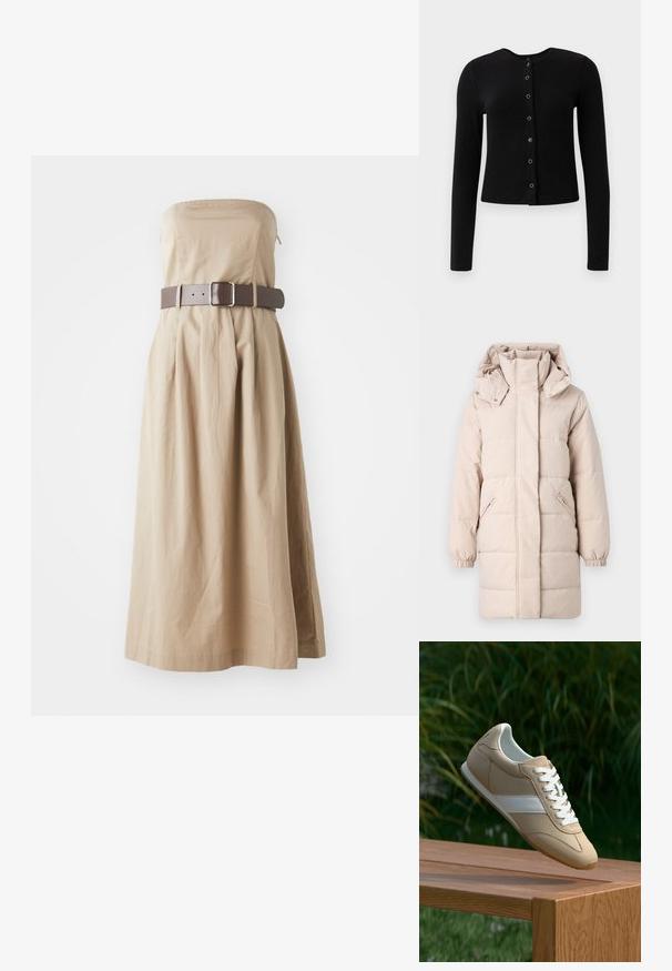 Beige pufferjakke med høj krave og aftagelig hætte. Har sidelommer med lynlås og elastiske manchetter. Glat tekstur, quiltet design.; Sort ribbet lange ærmer cardigan med rund halsudskæring og central knaplukning, der har metalliske knapper og en tætsiddende silhuet.; Strapless beige maxi kjole med tætsiddende liv, samlet skirt og bred brun bælte med firkantet spænde. Lavet af letvægtigt stof.; Beige sportssko med en glat ruskindsoverflade, hvide snørebånd og en kontrasterende hvid stribe. Minimalistisk design med afrundet tå og tekstureret sål.